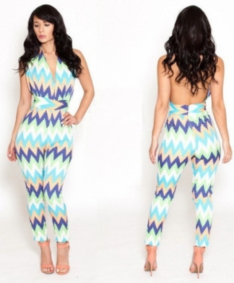 F2249   Black&White Zig Zag Jumpsuit!